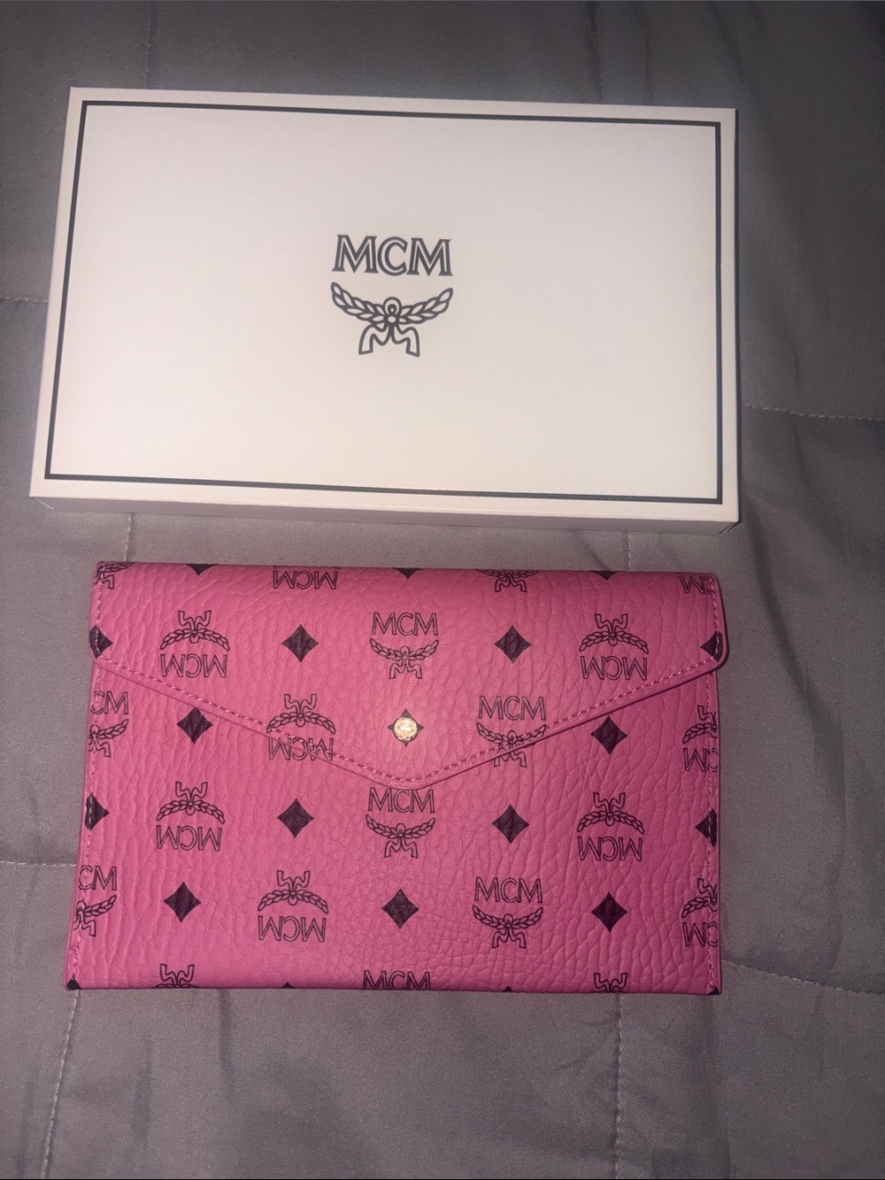 New! MCM Pink Logo Envelope Clutch with Black Print